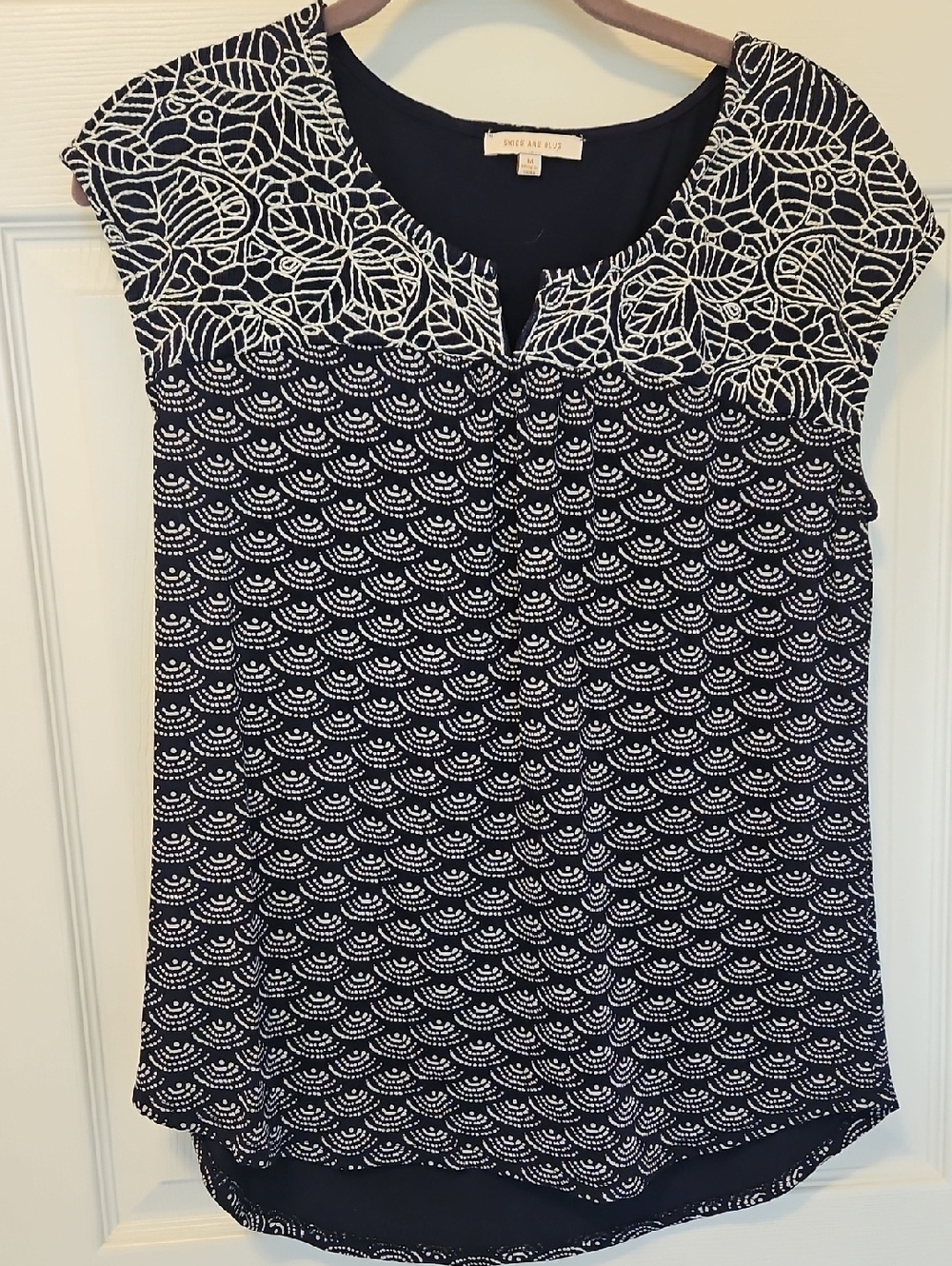 Skies Are Blue Navy and White Embroidered Cap-Sleeve Blouse